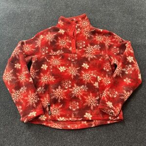LL Bean Fleece Pullover Womens Small Red Snowflake 1/4 Snap Sweatshirt Holiday